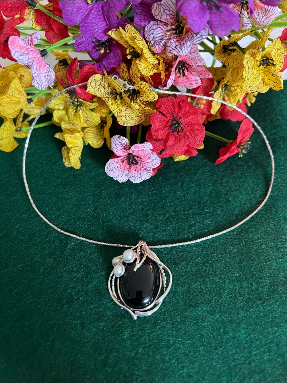 Hagit Gorali Sterling Silver Oval Black Onyx & Pearl Necklace